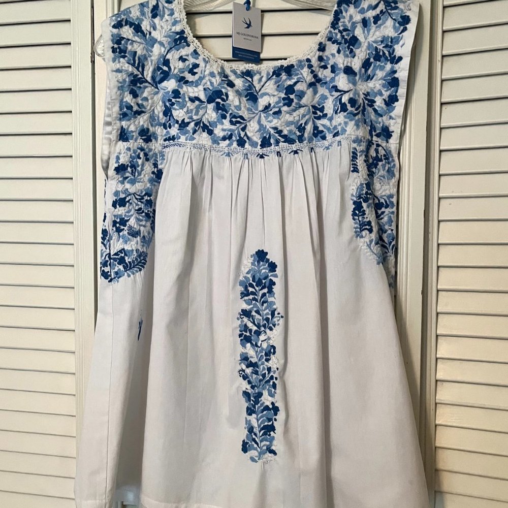 Mi Golondrina Blue & White Cielo Mexicano Flores Blouse - Size Small - Picture 2 of 12